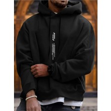 Black Sokak Siyah Dikey Baskılı Oversize Kapüşonlu Erkek Sweatshirt