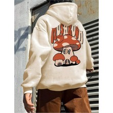 Black Sokak Bej Mushroom Mantar Baskılı Oversize Kapüşonlu Erkek Sweatshirt