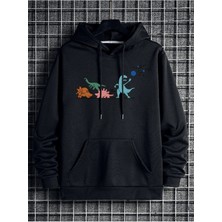 Black Sokak Siyah Meteor ve Dinozor Baskılı Oversize Kapüşonlu Erkek Sweatshirt