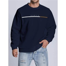 Black Sokak Lacivert Oversize Kırmızı Beyaz Çizgili Paris Baskılı Erkek Sweatshirt