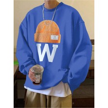 Black Sokak Mavi Bere Baskılı Oversize Bisiklet Yaka Erkek Sweatshirt