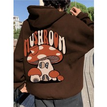 Black Sokak Kahverengi Mushroom Mantar Baskılı Oversize Kapüşonlu Erkek Sweatshirt