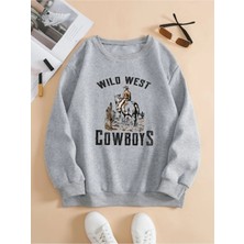 Black Sokak Unisex Gri Wild West Covboys Baskılı Bisiklet Yaka Sweatshirt