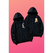 Black Sokak Siyah Bucks Bunny Baskılı Oversize Kapüşonlu Sweatshirt Sevgili Kombini