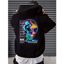 Black Sokak Siyah Reverie Uzaylı Baskılı Oversize Kapüşonlu Erkek Sweatshirt