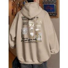 Black Sokak Bej The Blue Sky Baskılı Oversize Kapüşonlu Erkek Sweatshirt