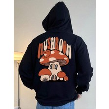 Black Sokak Siyah Mushroom Mantar Baskılı Oversize Kapüşonlu Erkek Sweatshirt