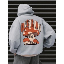 Black Sokak Açık Gri Mushroom Mantar Baskılı Oversize Kapüşonlu Erkek Sweatshirt