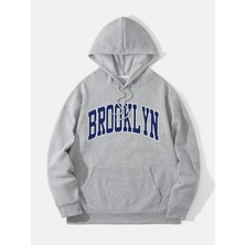 Black Sokak Açık Gri Brooklyn Oval Yazı Baskılı Oversize Kapüşonlu Erkek Sweatshirt