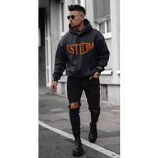 Black Sokak Erkek Koyu Gri Esteem Baskılı Oversize Kapüşonlu Sweatshirt