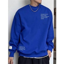 Black Sokak Mavi World Is Full Baskılı Oversize Bisiklet Yaka Erkek Sweatshirt