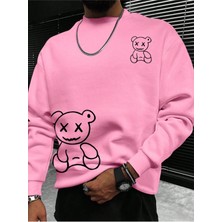 Black Sokak Pembe Ayı Baskılı Oversize Bisiklet Yaka Erkek Sweatshirt
