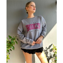 Black Sokak Gri Brooklynn Baskılı Oversize Bisiklet Yaka Kadın Sweatshirt