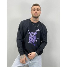 Black Sokak  Erkek Siyah Ejderha Baskılı Oversize Bisiklet Yaka Sweatshirt