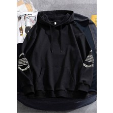 Black Sokak Siyah Kol Baskılı Oversize Kapüşonlu Erkek Sweatshirt