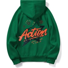Black Sokak Yeşil Action Baskılı Oversize Kapüşonlu Erkek Sweatshirt