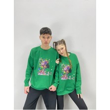 Black Sokak  Unisex Yeşil Çiçek Saçlı Baskılı Bisiklet Yaka Sevgili Kombini 2'li Set