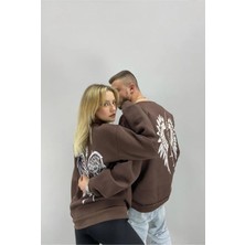 Black Sokak  Unisex Kahverengi Melek Kanadı Baskılı Bisiklet Yaka Sevgili Çift Kombini 2'li Set