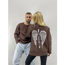 Black Sokak  Unisex Kahverengi Melek Kanadı Baskılı Bisiklet Yaka Sevgili Çift Kombini 2'li Set