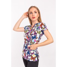 Nur Medikal Giyim Mor Kelebek Desenli Likralı Üst Forma