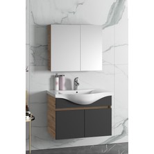 Özceden Yıldız 80 cm Atlantik Çam-Antrasit Gri Mat Mdf Seramik Lavabolu Asma Banyo Dolabı Takımı