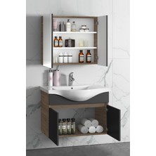 Özceden Yıldız 80 cm Atlantik Çam-Antrasit Gri Mat Mdf Seramik Lavabolu Asma Banyo Dolabı Takımı
