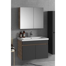 Özceden Çiğdem 80 cm Atlantik Çam-Antrasit Gri Mat Mdf Seramik Lavabolu Asma Banyo Dolabı Takımı