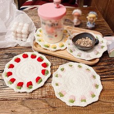 Wangchuang B 17X17CM Yuvarlak Örme Çilek Masa Yer Mat Pad Tığ Placemat Bardak Çay Altlığı El Yapımı Fincan Mat Düğün Mutfak Masa Mat (Yurt Dışından)