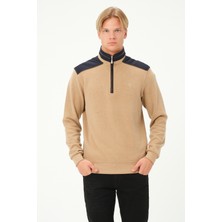 Msw Fermuarlı Regular Fit Deri Detaylı Uzun Kollu Erkek Selanik Bej Sweatshirt