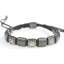 925 Ayar Gümüş Desenli ve Hematit Taşlı Siyah İpli Bileklik