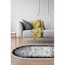 Dekoreko Dijital Salon Halısı Yıldız Deri Kaymaz Taban Saçaklı Oval Modern Evelina  Siyah