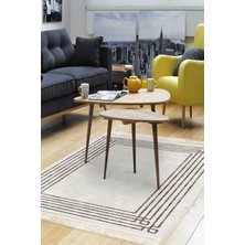 Dekoreko Dijital Salon Halısı Trend Keçe Kaymaz Taban Saçaklı Modern Shelbi Bej