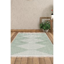 Dekoreko Dijital Salon Halısı Yıldız Deri Kaymaz Taban Saçaklı Iskandinav Kay Yeşil