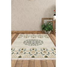 Dekoreko Dijital Salon Halısı Yıldız Deri Kaymaz Taban Saçaklı Modern Demetria  Bej