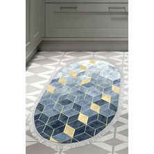 Dekoreko Dijital Mutfak Halısı Trend Keçe Kaymaz Taban Saçaklı Oval Iskandinav Stephania Mavi