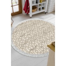 Dekoreko Dijital Mutfak Halısı Trend Keçe Kaymaz Taban Saçaklı Yuvarlak Modern Eliana Vizon