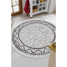 Dekoreko Dijital Mutfak Halısı Trend Keçe Kaymaz Taban Saçaklı Yuvarlak Iskandinav Farah Gri