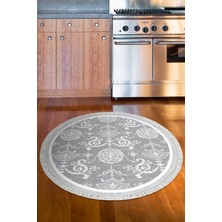 Dekoreko Dijital Mutfak Halısı Trend Keçe Kaymaz Taban Saçaklı Yuvarlak Modern Queta Gri