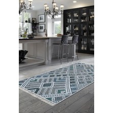 Dekoreko Dijital Mutfak Halısı Yıldız Deri Kaymaz Taban Saçaklı Modern Rylee Mavi