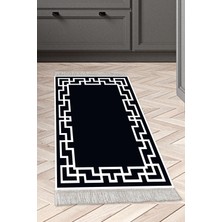 Dekoreko Dijital Mutfak Halısı Yıldız Deri Kaymaz Taban Saçaklı Modern Constance Siyah