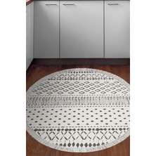 Dekoreko Dijital Mutfak Halısı Star Pamuk Kaymaz Taban Saçaklı Yuvarlak Iskandinav Cade Bej