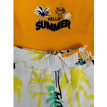 Nk Kids Erkek Çocuk Hello Baskılı Sarı T-Shirt Palmiye Desenli Şort %100 Pamuk İkili Takım
