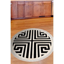 Dekoreko Dijital Mutfak Halısı Yıldız Deri Kaymaz Taban Saçaklı Yuvarlak Modern Jem Siyah