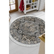 Dekoreko Dijital Mutfak Halısı Yıldız Deri Kaymaz Taban Saçaklı Yuvarlak Modern Osana Bej