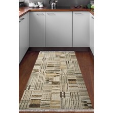 Dekoreko Dijital Mutfak Halısı Star Pamuk Kaymaz Taban Saçaklı Modern Harper Kahve Bej