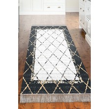 Dekoreko Dijital Mutfak Halısı Yıldız Deri Kaymaz Taban Saçaklı Modern Doreen Siyah