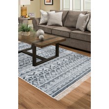 Dekoreko Dijital Salon Halısı Star Pamuk Kaymaz Taban Saçaklı Iskandinav Mali Lacivert