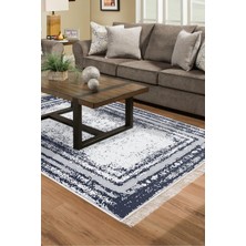 Dekoreko Dijital Salon Halısı Yıldız Deri Kaymaz Taban Saçaklı Modern Mollie Lacivert