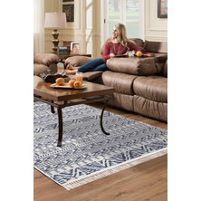 Dekoreko Dijital Salon Halısı Yıldız Deri Kaymaz Taban Saçaklı Iskandinav Adelia  Mavi