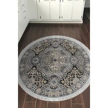 Dekoreko Dijital Mutfak Halısı Star Pamuk Kaymaz Taban Saçaklı Yuvarlak Modern Osana Bej